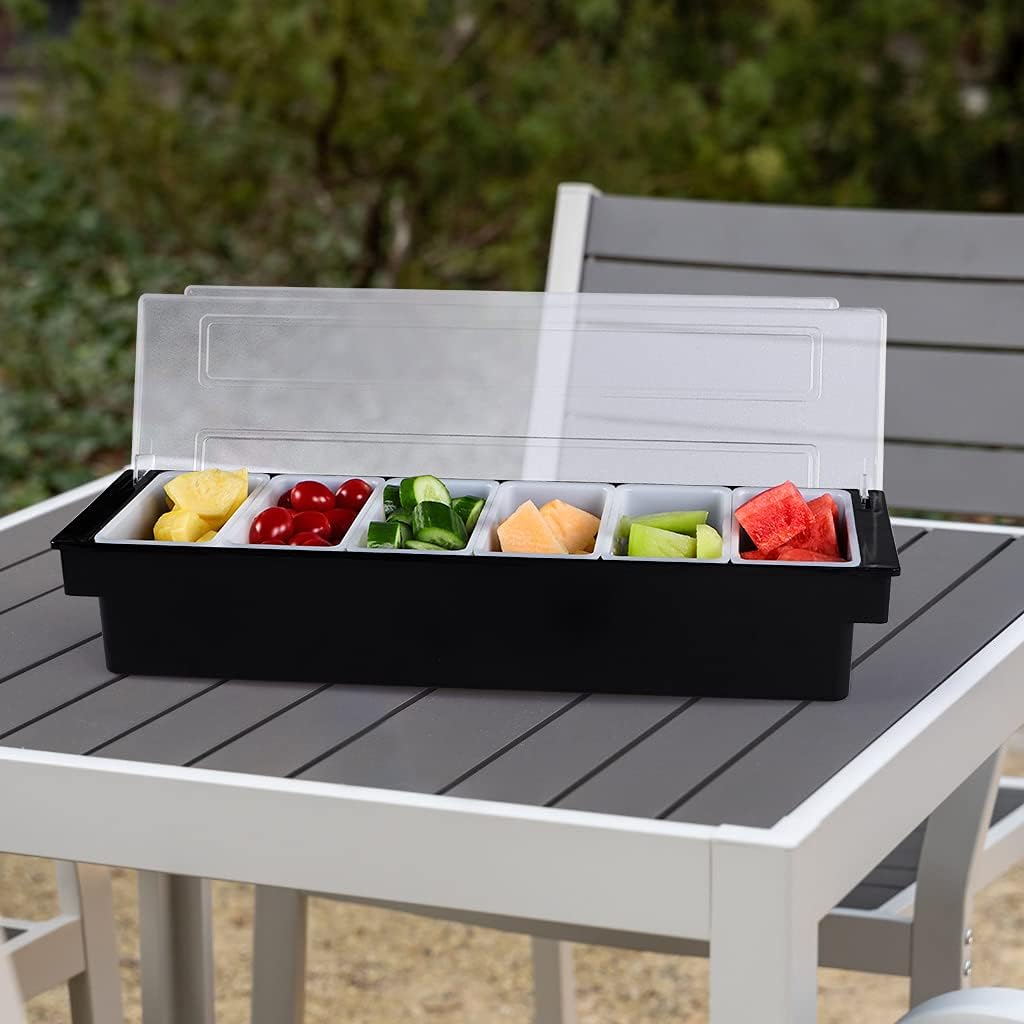 Ice Cooled Condiment Container, 6 Compartments Garnish Tray with Lid, Fruit Veggie Condiment Caddy for Party, Bar
