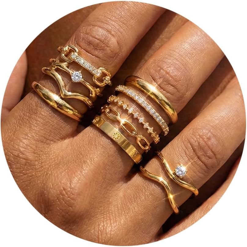 14K Gold Plated Stackable Rings for Women, Non Tarnish Cubic Zirconia Dainty Band Set, Wedding Engagement & Promise