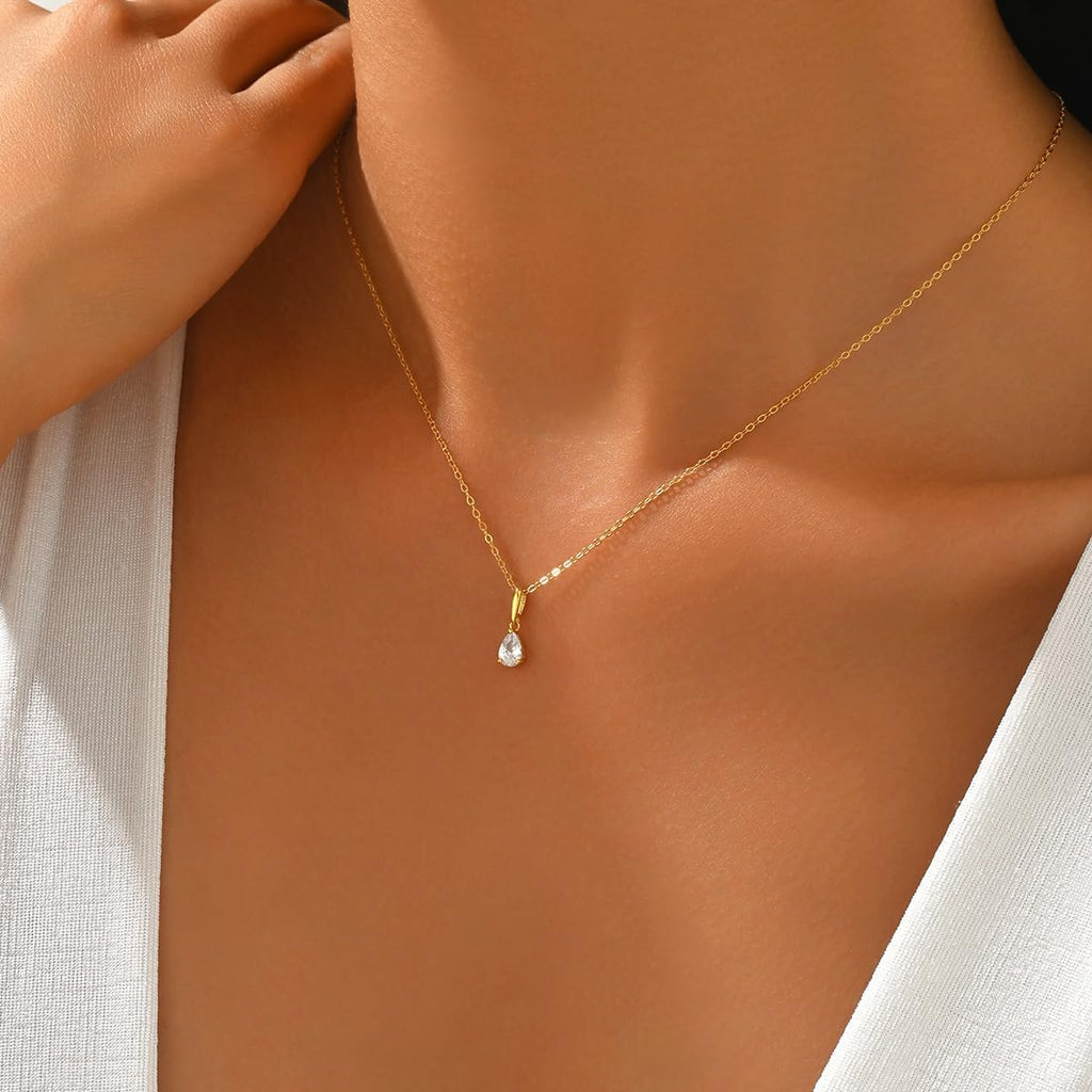 14K Gold Plated Teardrop Dainty Gold Necklace for Women Solitaire Tear Pear CZ Cubic Zirconia 925 Sterling Silver