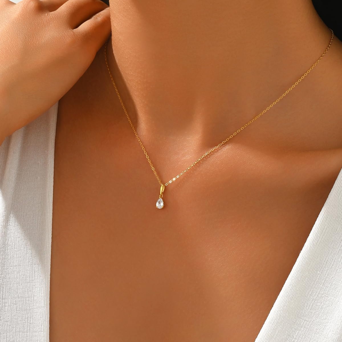 14K Gold Plated Teardrop Dainty Gold Necklace for Women Solitaire Tear Pear CZ Cubic Zirconia 925 Sterling Silver