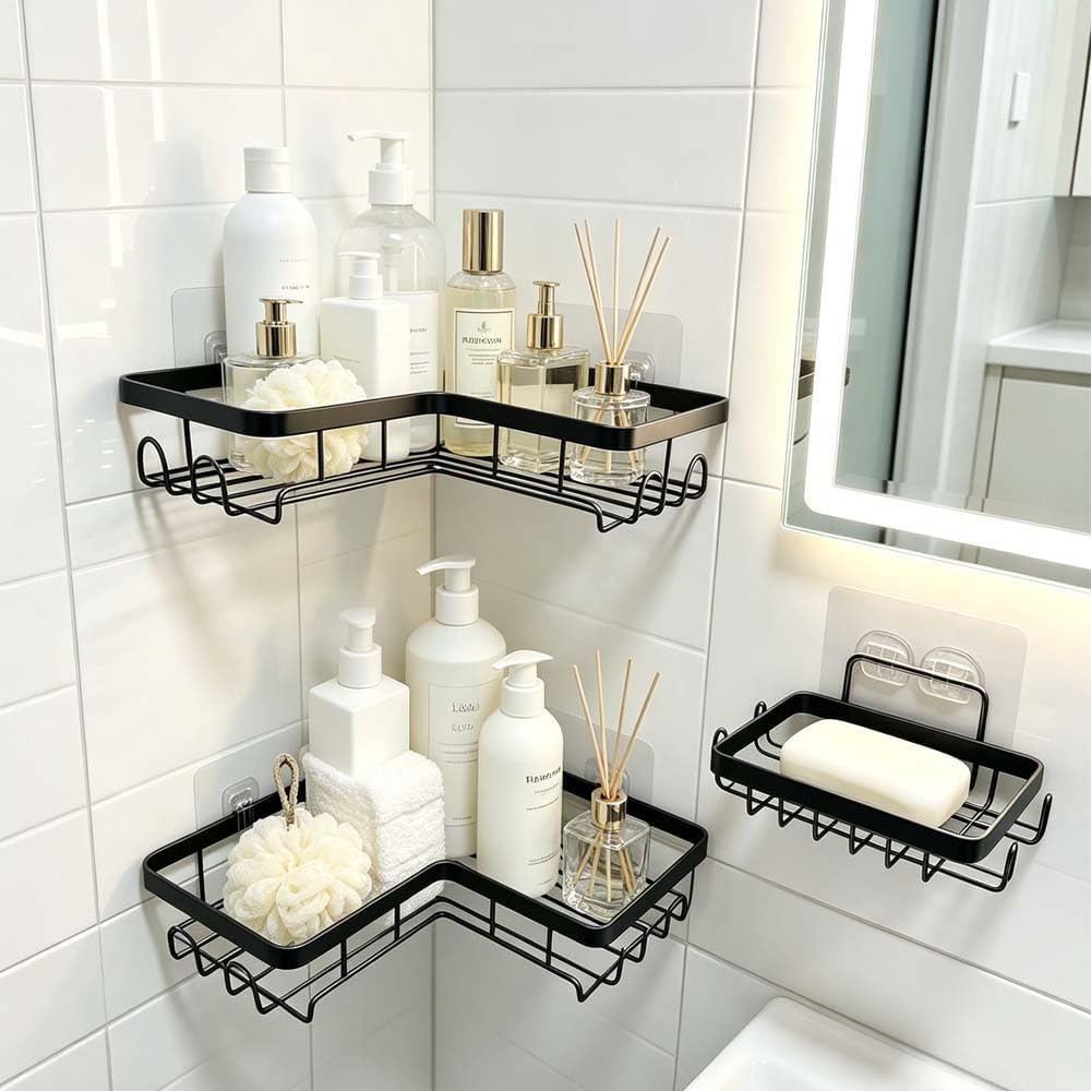 Corner Shower Caddy, 3 Pack Adhesive No-Drill Shelf, Rustproof Bathroom Organizer Rack with Hooks