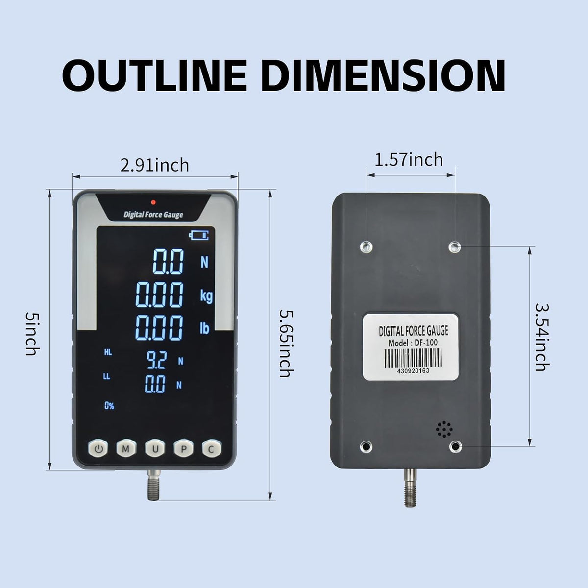 1000N/100Kg/220lb Digital Force Gauge, Large-Screen Push-Pull Meter with Data Output Function, 0.5% Accuracy