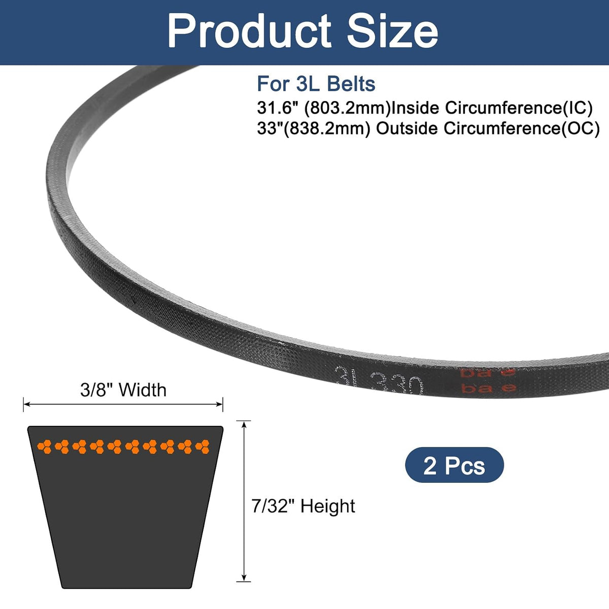 uxcell 2 Pcs 3L330 Classic Wrapped Rubber V-Belt, 33"(838mm) Outside Circumference, 3L Profile V Belt 3/8" Width 7/32" Height