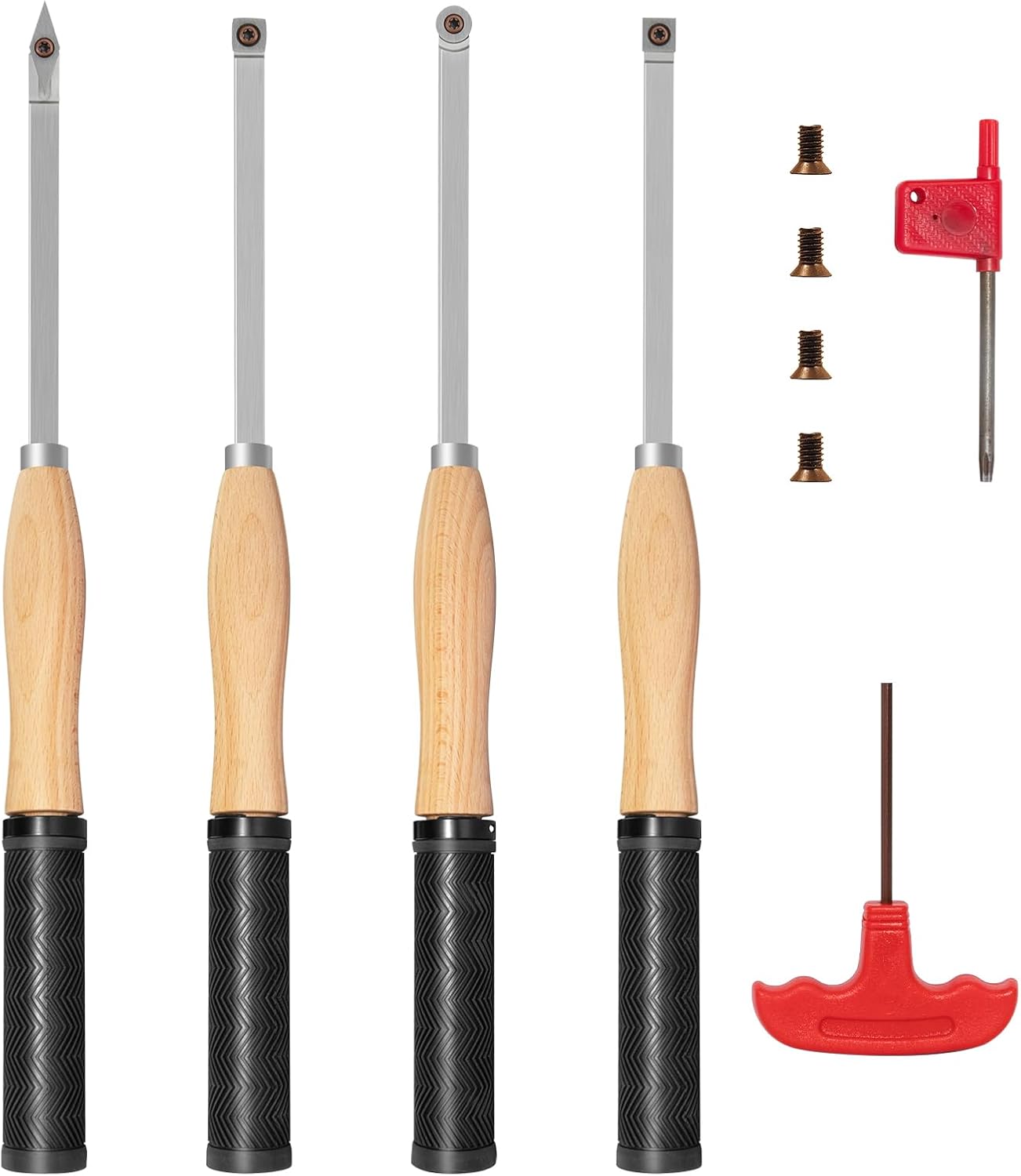 Full Size Carbide Wood Lathe Turning Tool Set with Rubber Handle | 4pcs 18.3 Inch Lathe Roughing and Finishing Tool