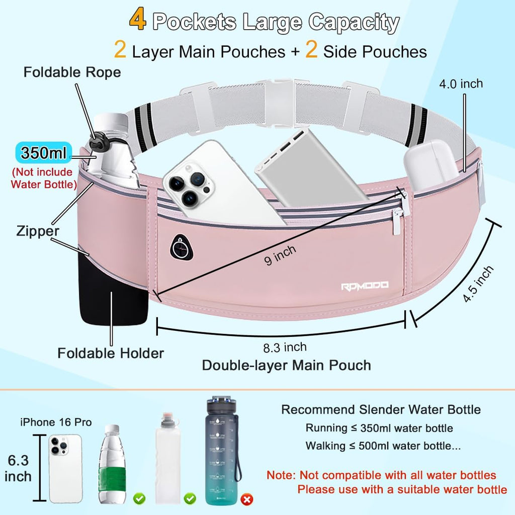 Hydration Waist Pack for Women Men for Running Outdoor, Pink | Slim Running Belt with Water Bottle Holder, 4 Pocket
