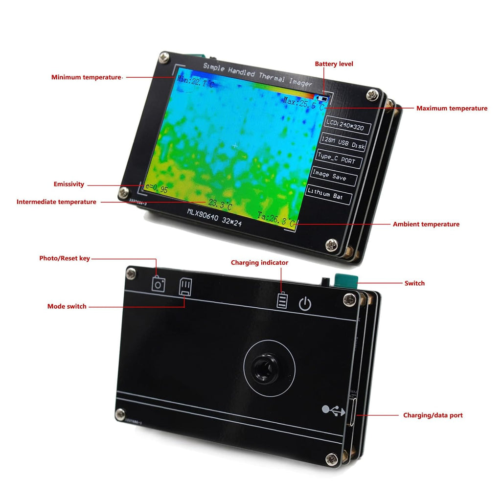 MLX90640 Digital Infrared Thermal Camera, Portable Thermal Imaging Camera, 2.8-inch LCD Display Buillt in Battery