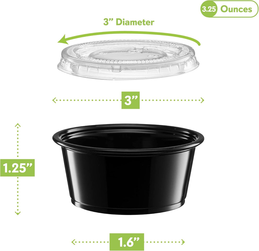 {3.25 oz - 100 Sets} Black Diposable Plastic Portion Cups With Lids, Small Mini Containers For Portion Controll