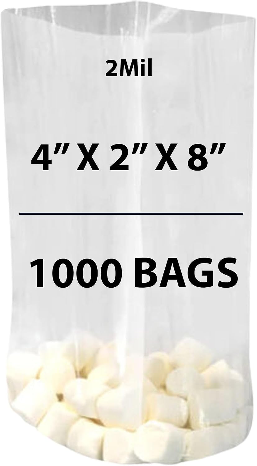 Clear Gusseted Bags, 2Mil 4" X 2" X 8" & 1000 Bags | LDPE Material, For Food Packaging, Storage & Display | Heat