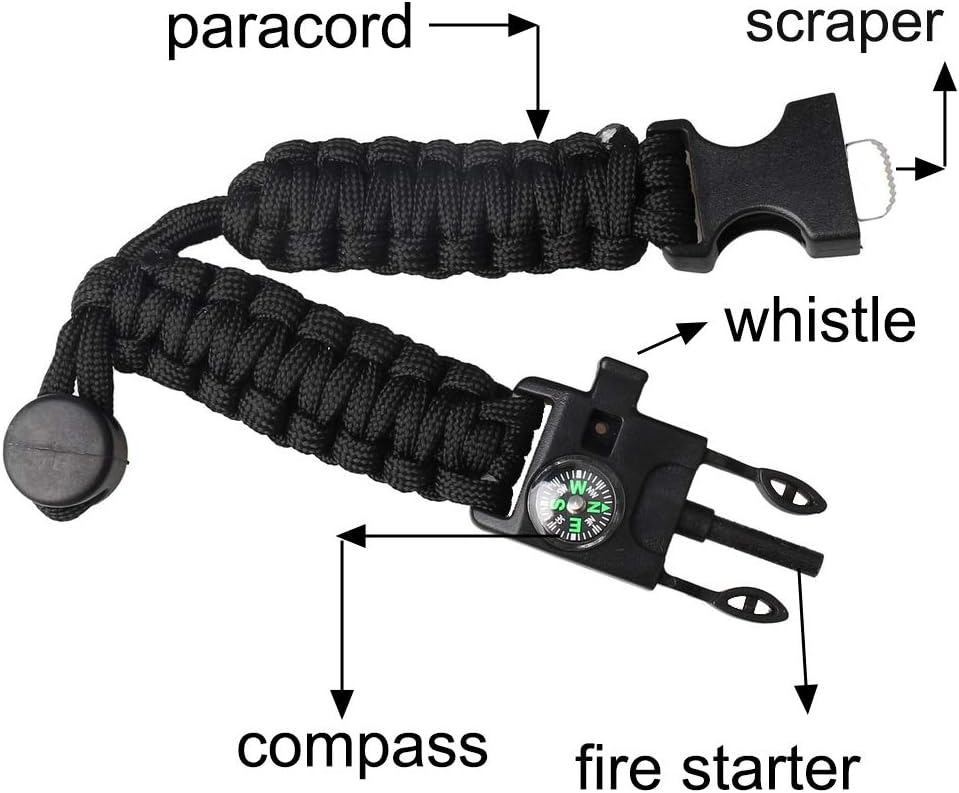 Survival Paracord Bracelet Flint Fire Starter Scraper Compass Wilderness Survival Whistle Adjustable Wristband 2Pack