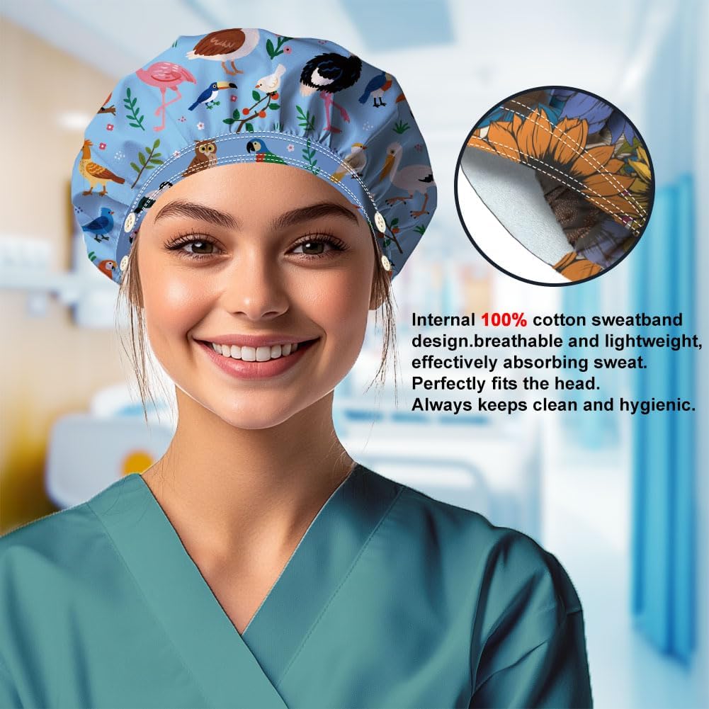 Scrub Caps with 4 Buttons Adjustable Nursing Working Caps With Sweatband Resilient Surgical Hat Hair Cover for Work