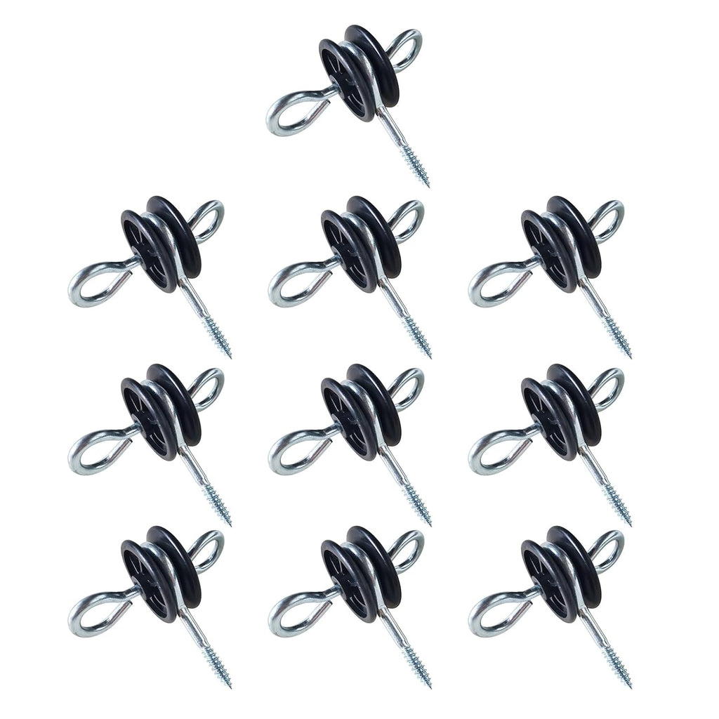 10 Pack Electric Fence Wood Post Anchors | Wood Post Screw-in Insulators, Screw-in Gate Handle Anchor, 2-Ring Black