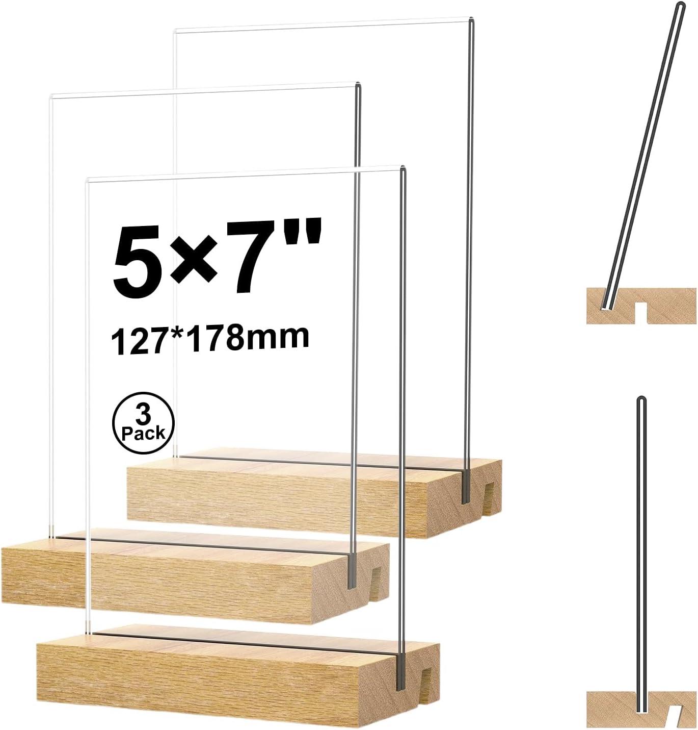 5×7 Acrylic Sign Holder,3Pack | High Definition,Dual-slot design,Solid wood base,Double-sided protective
