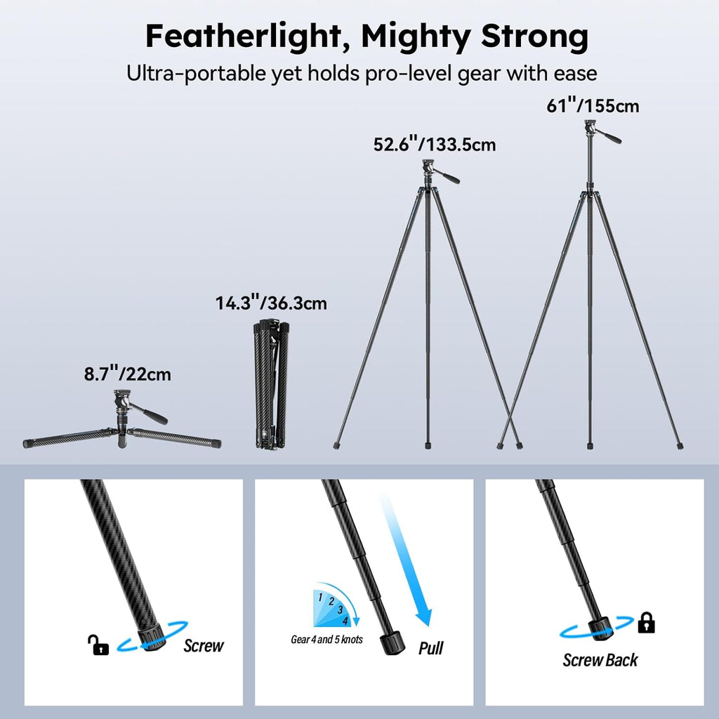 Traveler Air-T Carbon Fiber Travel Video Tripod, KV-5 Fluid Head, 61" | 1.33kg Lightweight, 360° Pan, -80° To 90°