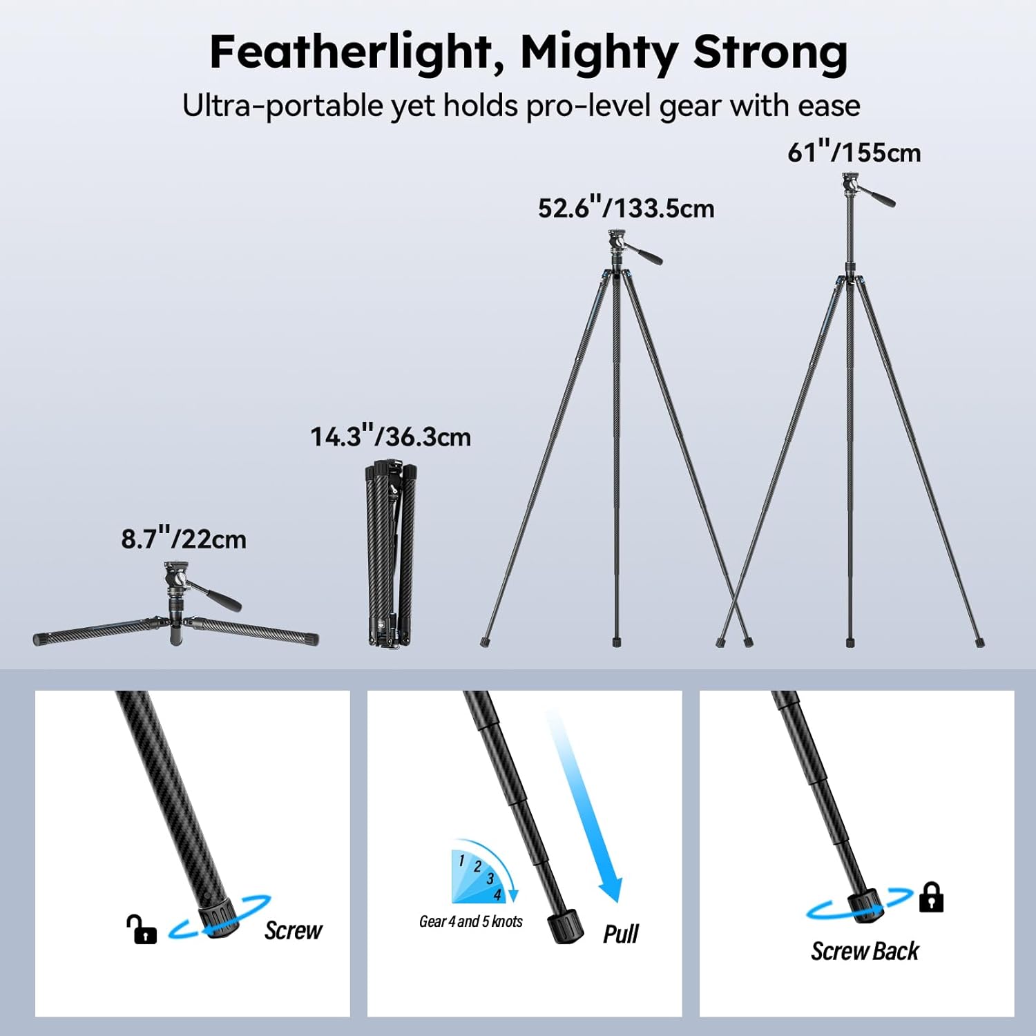 Traveler Air-T Carbon Fiber Travel Video Tripod, KV-5 Fluid Head, 61" | 1.33kg Lightweight, 360° Pan, -80° To 90°