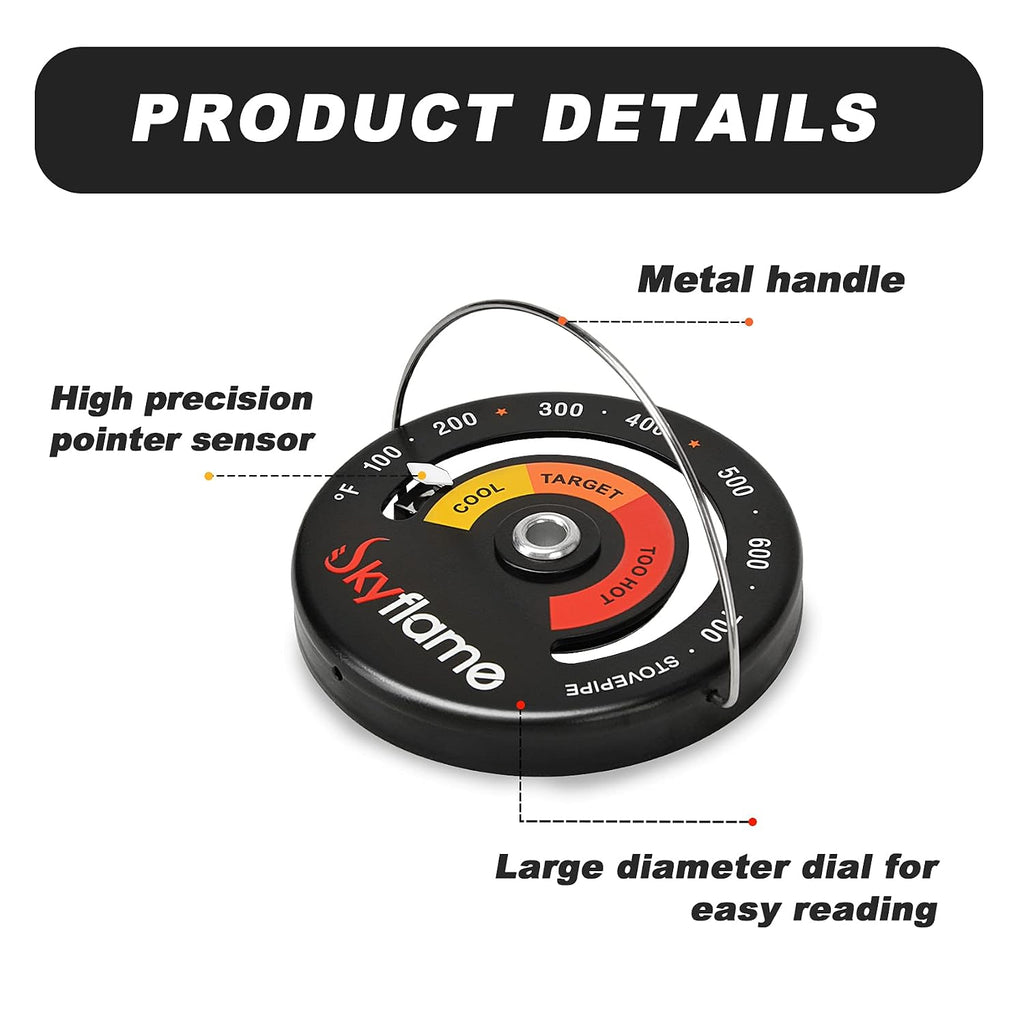Skyflame Wood Stove Thermometer, Magnetic Chimney Flue Pipe Meter
