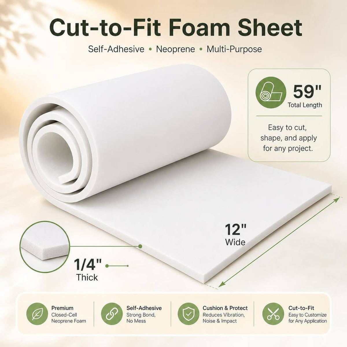 Sponge Neoprene Foam Sheet with Adhesive 1/4''T x 12''W x 59''L