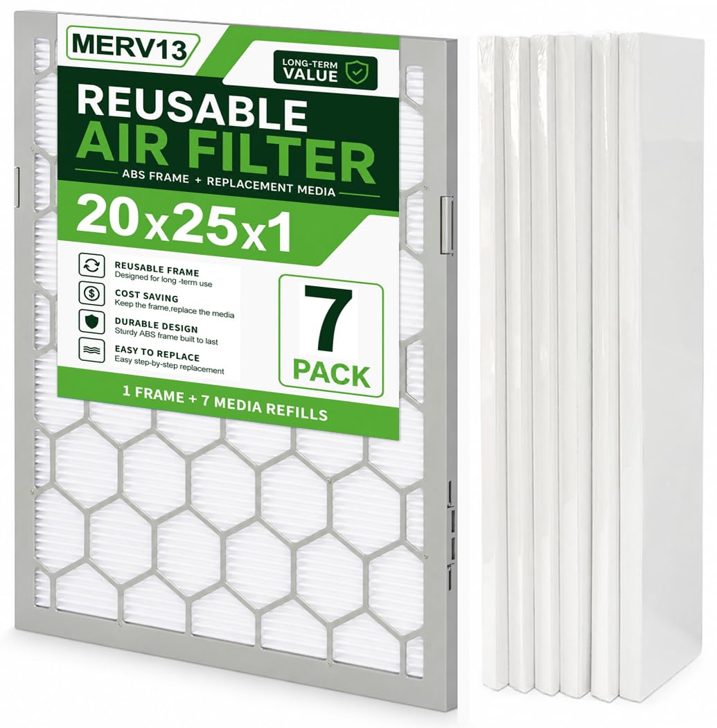 20x25x1 MERV 13 Air Filter,AC Furnace Air Filter,Reusable ABS Plastic Frame, 7 Pack Replaceable Filter Media (Actual
