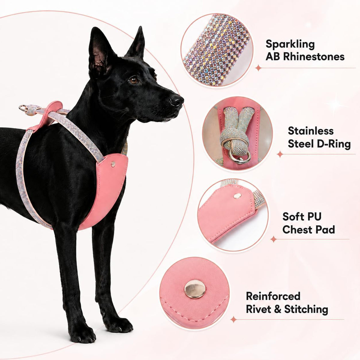 No Pull Dog Harness Step in Easy Walk Rhinestone Crystal Bling Vest Adjustable Soft Padded for Medium Large Dogs