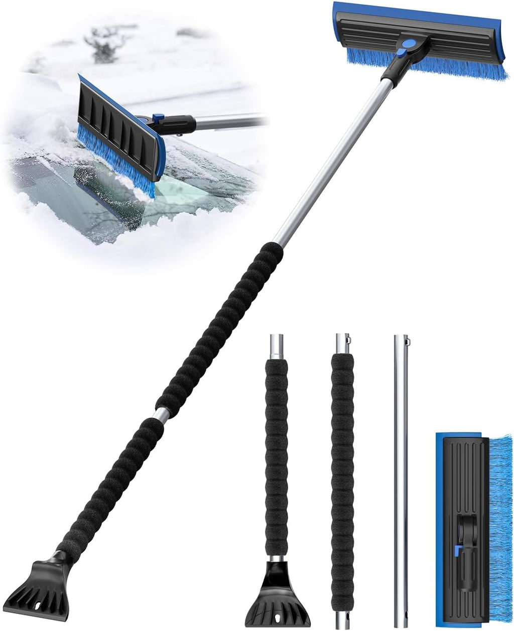 55.7" Snow Brush and Ice Scrapers for Car Windshield, Blue | Extra Long, Multi-Functional Detachable, Foam Grip, 270°