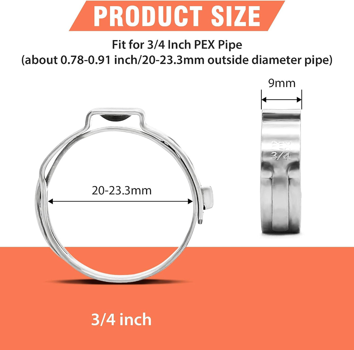 60pcs 3/4 inch PEX Cinch Clamps Rings, 304 Stainless Steel Single Ear Hose Clamps, Pex Crimp Rings for PEX Tubing Pipe Fitting Connections