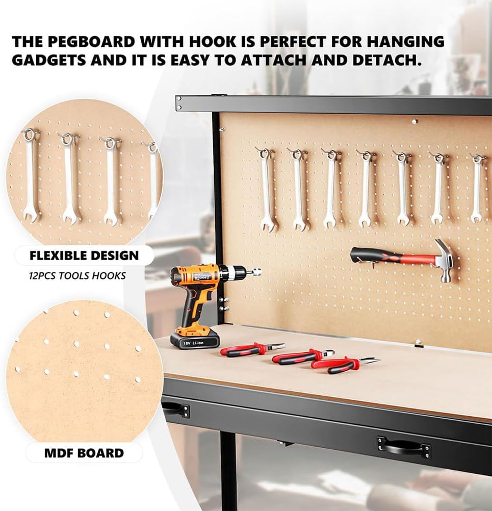 48" Heavy Duty Steel Workbench with Pegboard & Drawer, Garage Tool Storage Work Table with MDF Worktop, 300 LBS Load