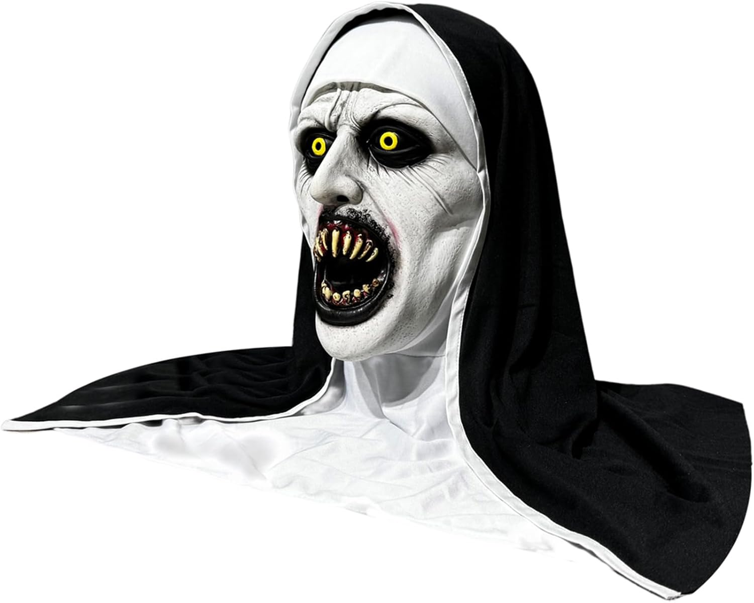 Nun Scary Latex Mask Halloween Party Horror Nun Mask Full Head Costume Creepy Mask with Cross Necklace(Fang)