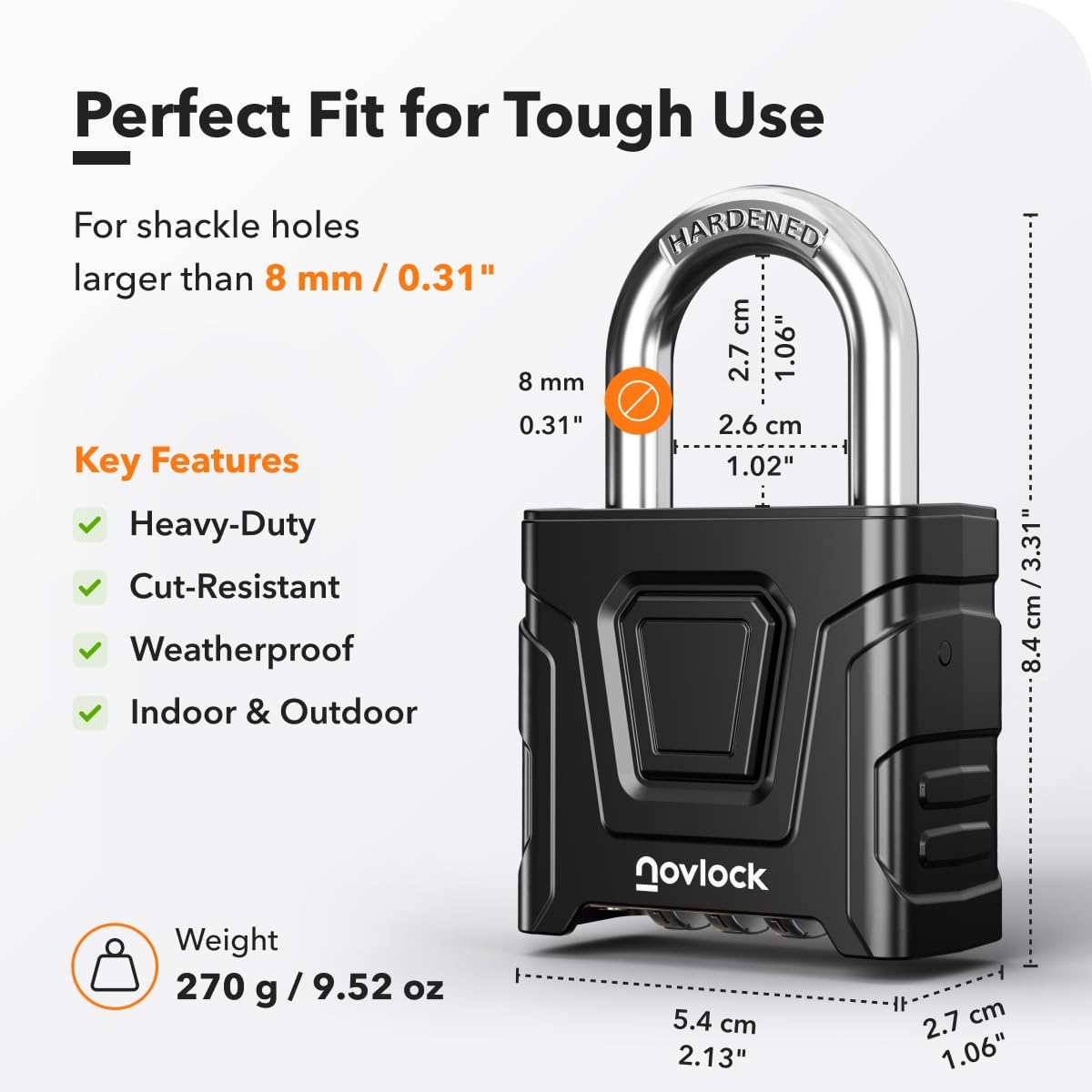 Outdoor Combination Lock, Weatherproof, Large Heavy Duty Padlock | Cut Resistant 0.31” Hardened Steel Shackle
