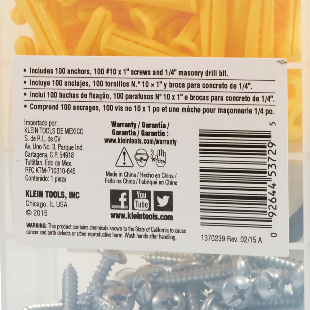 Klein Tools 53729 Conical Anchor Kit, 100 Anchors and Screws, One Drill Bit