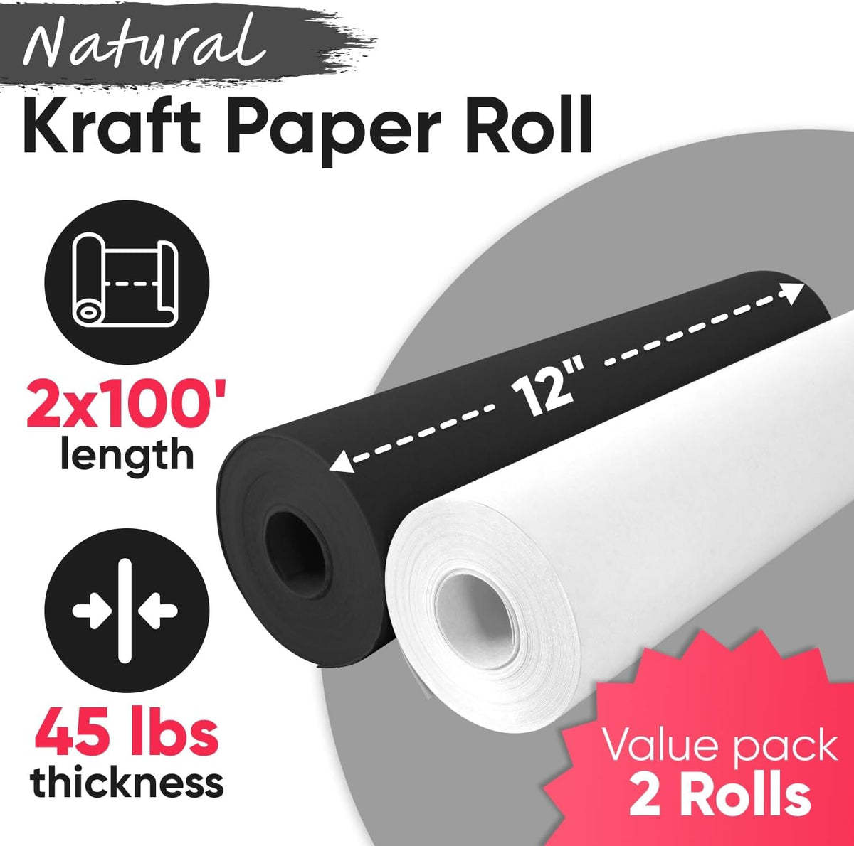 12" x 1200" (100 ft) Black and White Kraft Paper Roll Set