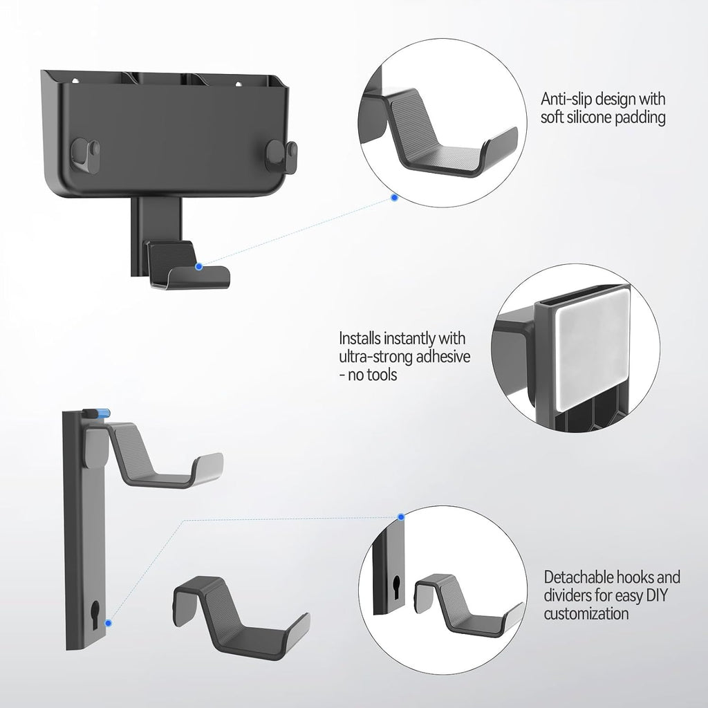 Controller & Headset & Remote Holder Wall Mount with No Drill, 2 Packs Gaming 4 Controllers Hanger Hook Mount for