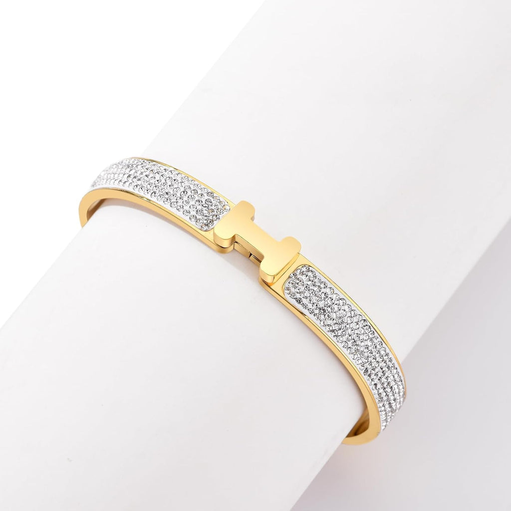 18K Gold Plated Bangle Bracelets for Women Stainless Steel with Cubic Zirconia Fashion Jewelry