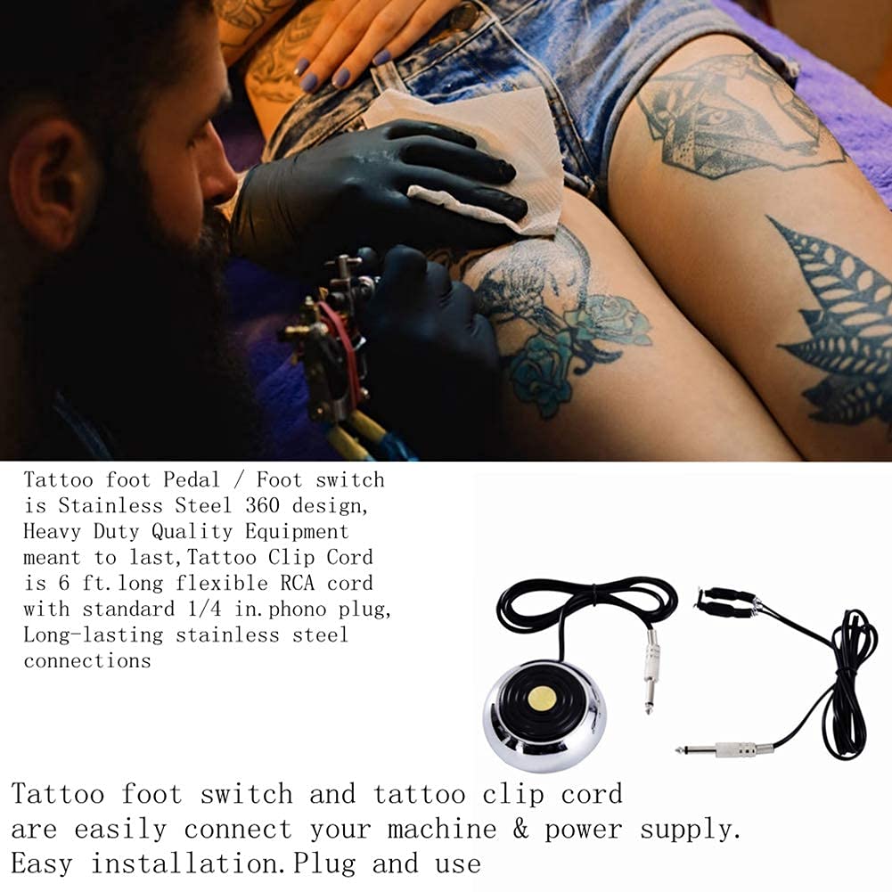 Foot Pedal and Clip Cord,New Star Tattoo 360 GEM Pro Stainless Steel Foot Pedal Switch Control and Tatto Clip Cord