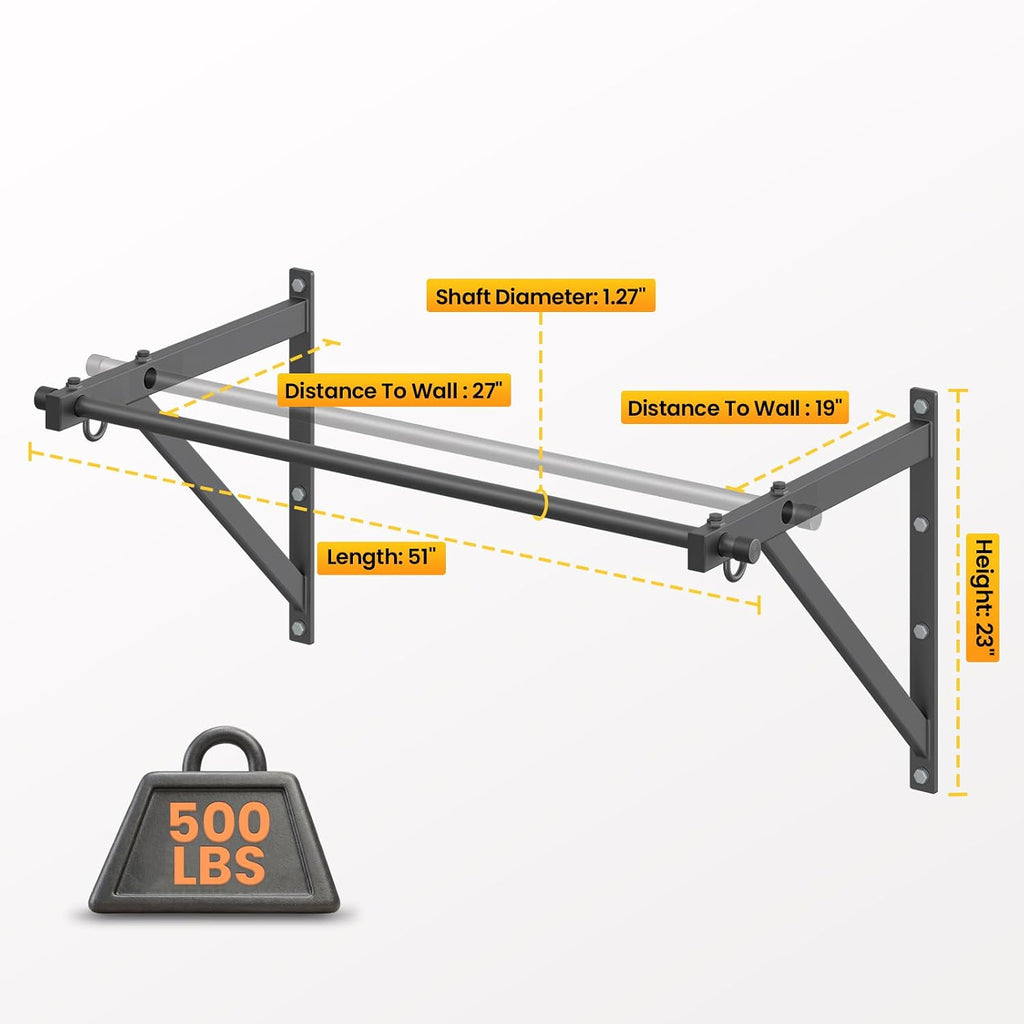 Wall Mounted Pull Up Bar with 500LBS Weight Capacity | 51" Length Chin Up Bar, Easy to Install, Adjustable Strength