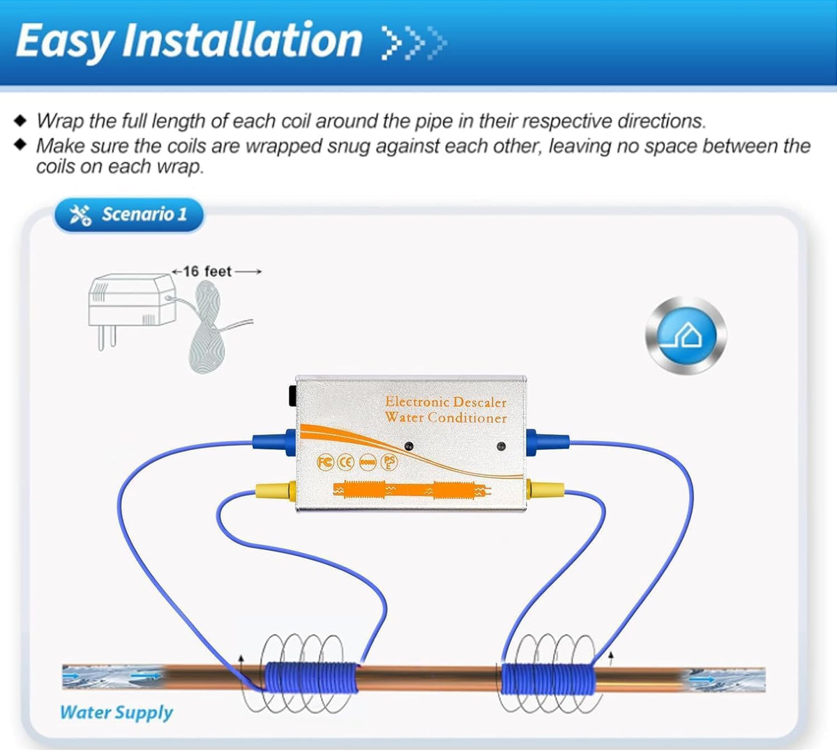 Electronic Water Descaler System, Whole House Water Softener Alternative, No Salt, Limescale Prevention (Sliver)