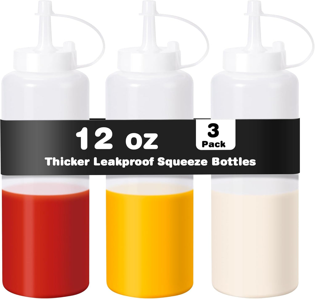 3-Pack 12oz Upgraded Thickened Durable Leak-Proof Condiment Squeeze Bottles for Sauces/Oil/Arts and Crafts