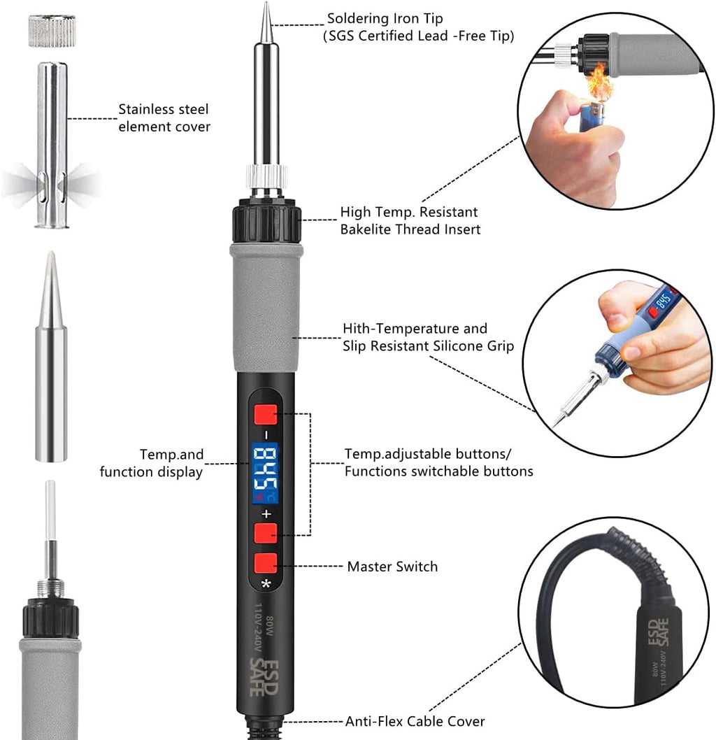 Soldering Iron Kit, 80W Electric Solder iron, Adjustable Temperature (180°C- 500°C）, With Multimeter, Magnifier