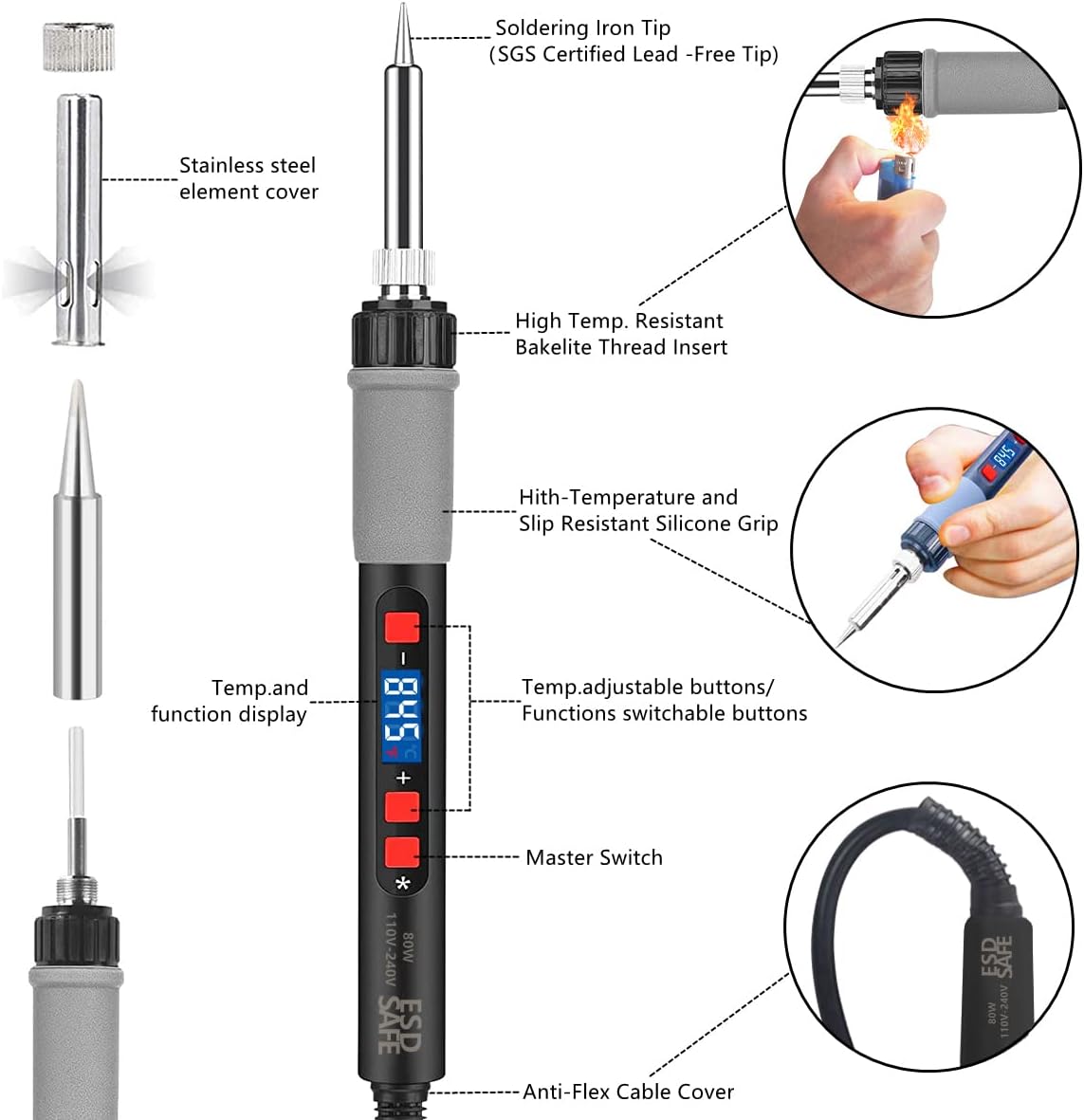 Soldering Iron Kit, 80W Electric Solder iron, Adjustable Temperature (180°C- 500°C）, With Multimeter, Magnifier