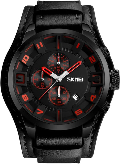 Mens Wide Leather Cuff Sport Watch for Men Large Dial 47mm Analog Quartz Watches Waterproof Chronograph Watch