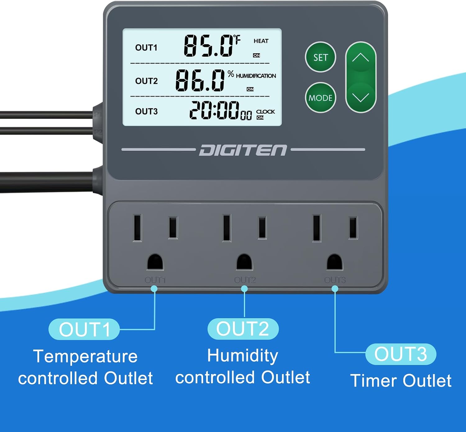 Temperature and Humidity Controller with Timer,3 Outlet Dual Probes | 3-Stage Outlet Control Temp,Humidity & Timer