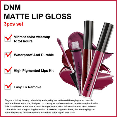 Dark Red Purple Matte Plum Liquid Lipstick 3Pcs Sets,24-hour Lipstick Dark Deep Maroon Purple Brown Plum Red Lip