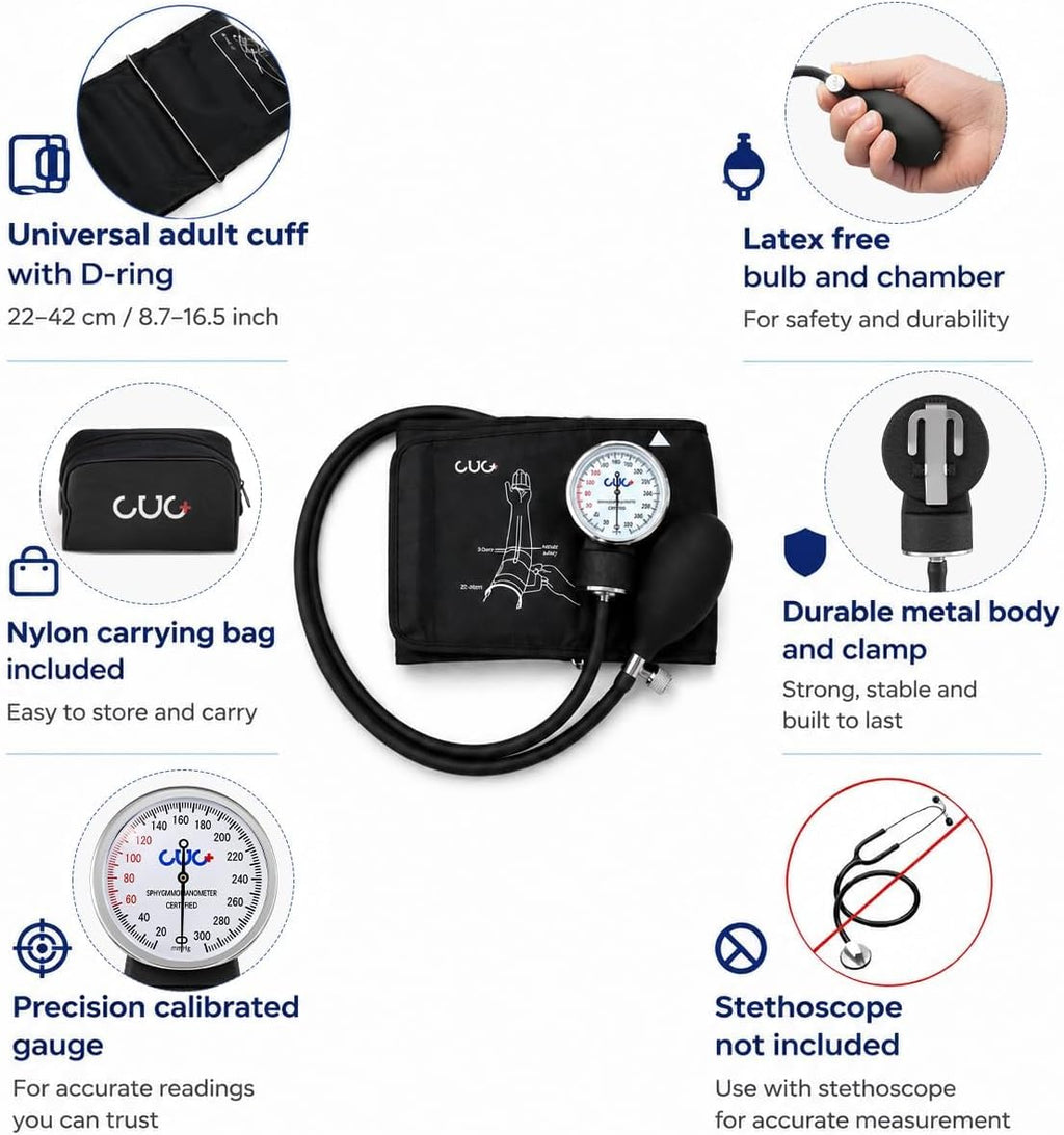 Manual Blood Pressure Cuff, Accurate Measurement (Black) | 9–17 inch D-Ring Arm Cuff, Carrying Case Included