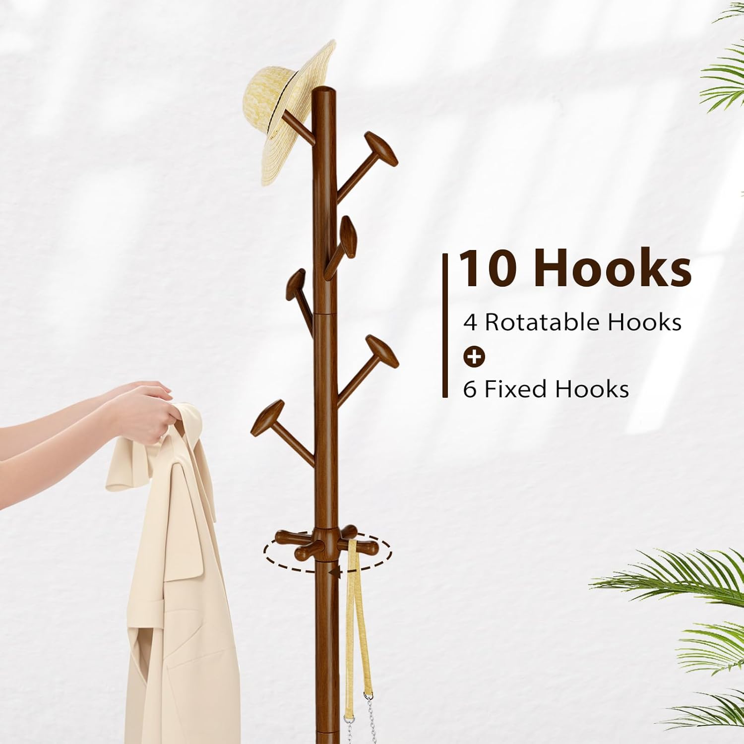 Solid Wood Coat Rack Freestanding Coat Tree with 10 Hooks for Bedroom, Livingroom, Entryway, Sturdy Coat Hanger Stand