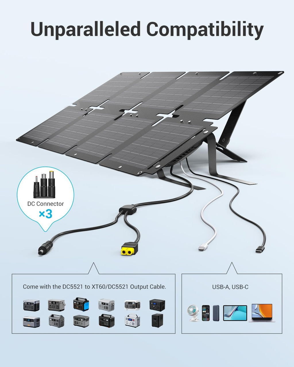 60W Portable Solar Panels with PD 45W USB-C, 20W USB-A, DC Outputs | Built-in Kickstand, IP68 Waterproof, Folding