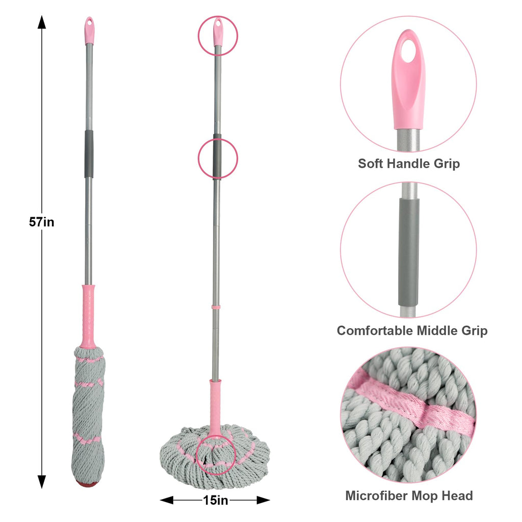 Self Wringing Twist Mops with 57 in Long Handle,Gray Pink