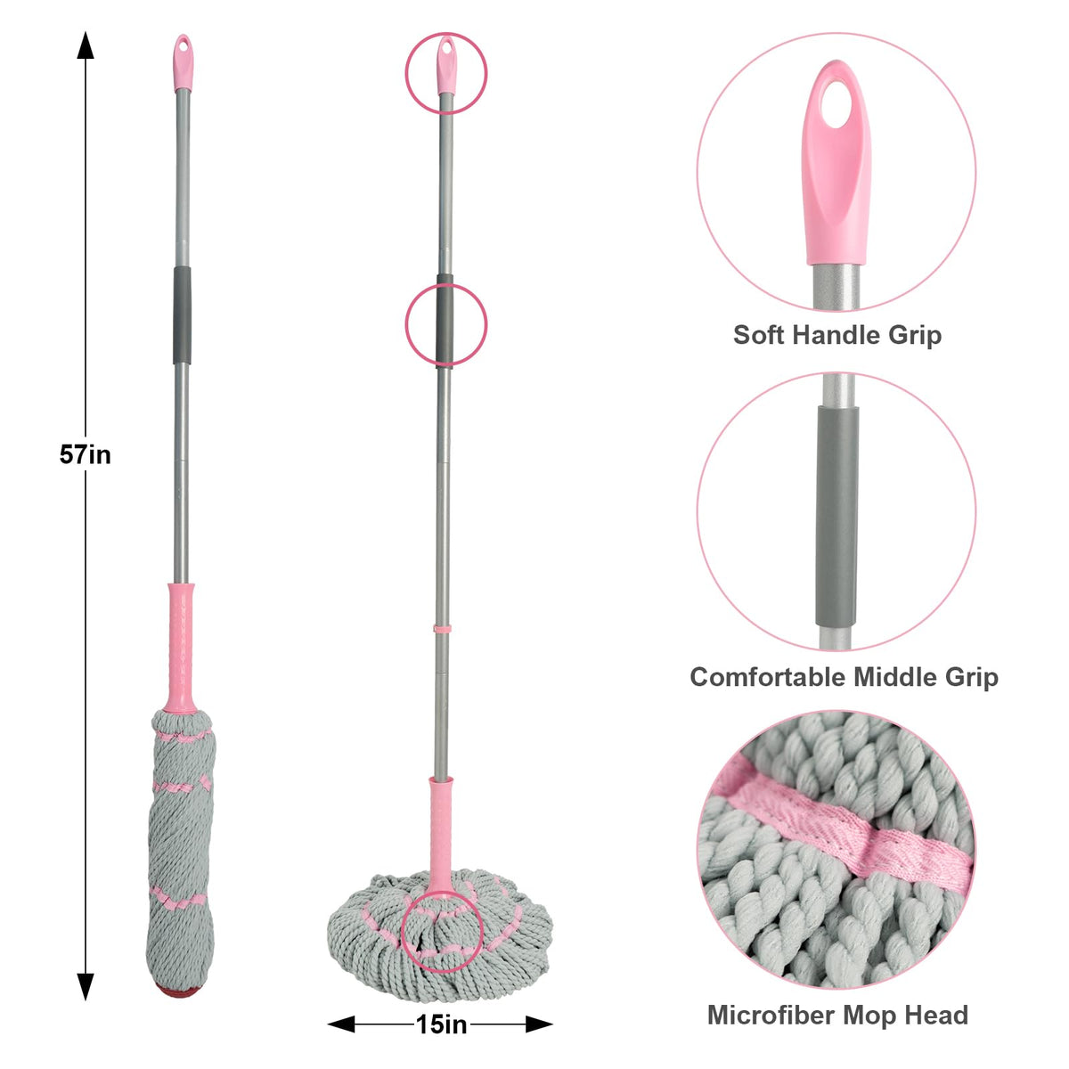 Self Wringing Twist Mops with 57 in Long Handle,Gray Pink