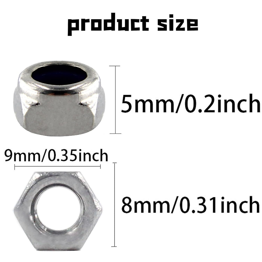 50PCS Stainless Steel 304 Lock Nuts, M5-0.8 Nylon Insert Hex Lock Nuts