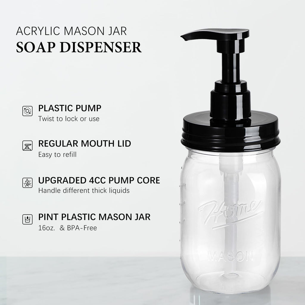 Plastic Mason Jar Soap Dispenser with Pump Lid 16OZ, 2 Pack | Refillable BPA-Free Hand Soap Dispenser Set with Cute