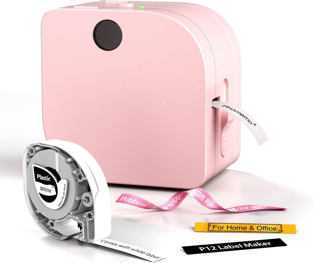 Label Maker Machine with Tape P12, Portable Bluetooth Label Printer Handheld Built-in Cutter Small Label Maker, Mini