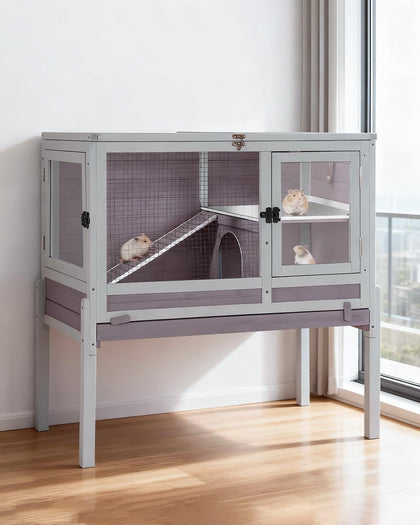 Wooden Guinea Pig Cages Indoor with Plastic Floor and Pull Out Tray, Two-Story Rabbit Cage with Anti-Chewing Ramp