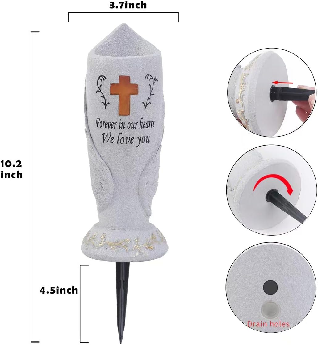 Cemetery Grave Flower Vase,Cometery Decorations for Grave,Angel Vases with Spike，Angel Wings and Cross Solar Light